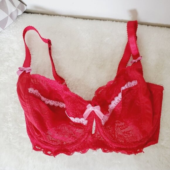 Parfait Unlined Red Lace Sexy Full Coverage Bra 30F - Picture 2 of 5